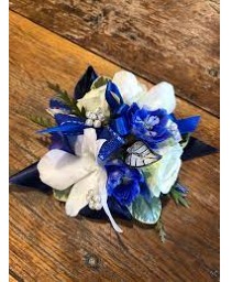 White Orchid, Rose And Blue Delphinium Prom Corsage