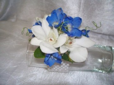 White Orchids and Delphinium Wrist Corsage
