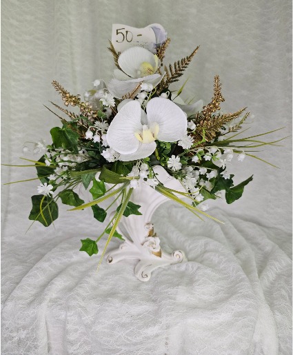 White Orchids w/ Silk Gold and Greenery 