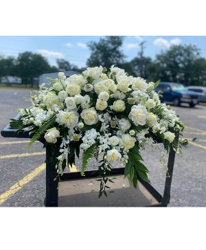 White Peonies and Orchid Casket Spray 