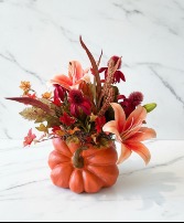 Orange Pumpkin with Silk Flowers Ceramic pumpkin, custom, silk flowers - fall