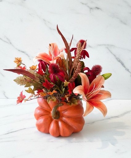Orange Pumpkin with Silk Flowers Ceramic pumpkin, custom, silk flowers - fall