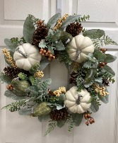 White Pumpkins, Berries, and Cones Permanent botanical wreath