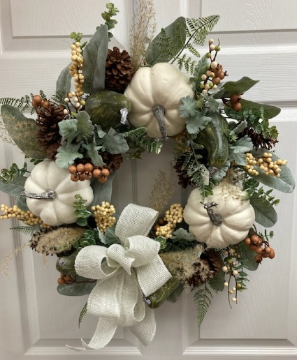 White Pumpkins, Berries, and Cones Permanent botanical wreath