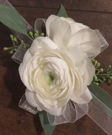 White Ranunculus wrist corsage  in Orleans, ON | SELECT BLOOMS FLORAL BOUTIQUE