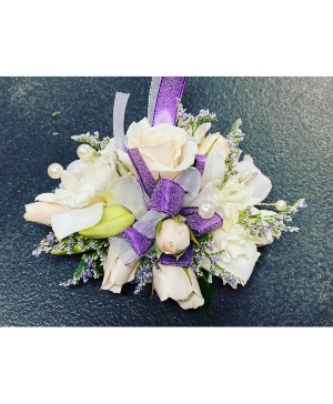WHITE ROSE AND LAVENDER RIBBON WRIST CORSAGE prom