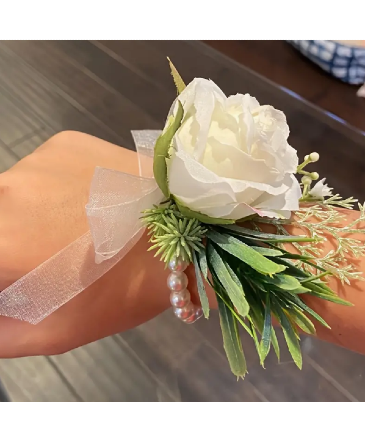 White Rose with Greenery Corsage Bracelet  in Newmarket, ON | FLOWERS 'N THINGS FLOWER & GIFT SHOP