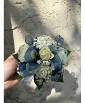 White Rose Corsage with Navy & Light Blue 