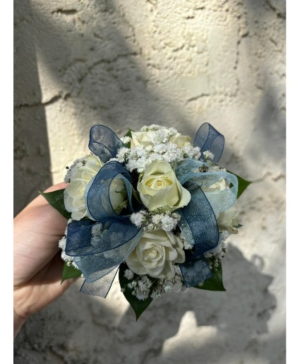 White Rose Corsage with Navy & Light Blue