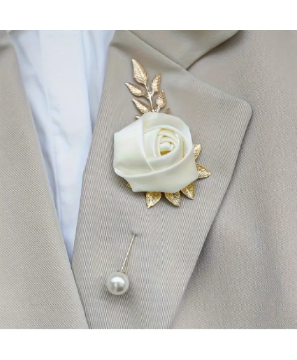 White Rose Gold Leaf Lapel Pin