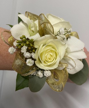 White Rose & Orchids Corsage Wristlet 