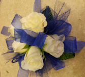 White Rose & Royal Blue Corsage