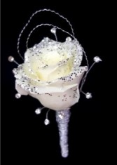 White Rose  tipped with Glitter Boutonniere 