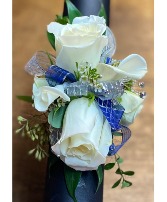 White Rose with Blue and Silver Accents Wrist Corsage
