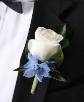 White Rose with Blue Delphinium Boutonniere Boutonniere