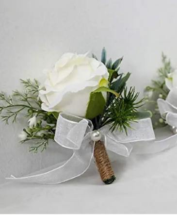 White Rose with Greenery Boutonniere in Newmarket, ON | FLOWERS 'N THINGS FLOWER & GIFT SHOP