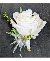 White Rose with light blue thistle accent Magnetic Boutonniere 