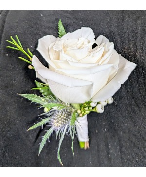 White Rose with light blue thistle accent Magnetic Boutonniere 
