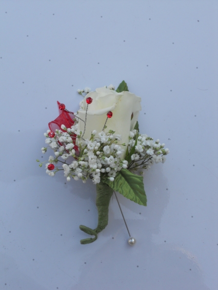 White Rose with Rhinestones and Red Ribbon  