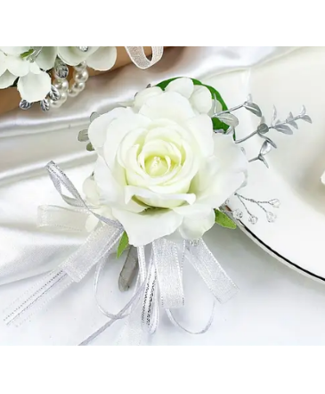 White Rose with Silver Ribbon Boutonniere in Newmarket, ON | FLOWERS 'N THINGS FLOWER & GIFT SHOP