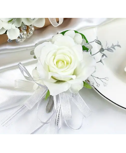 White Rose with Silver Ribbon Boutonniere