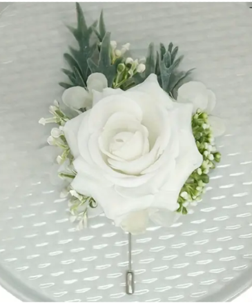 White Rose with White Accents Boutonniere in Newmarket, ON | FLOWERS 'N THINGS FLOWER & GIFT SHOP