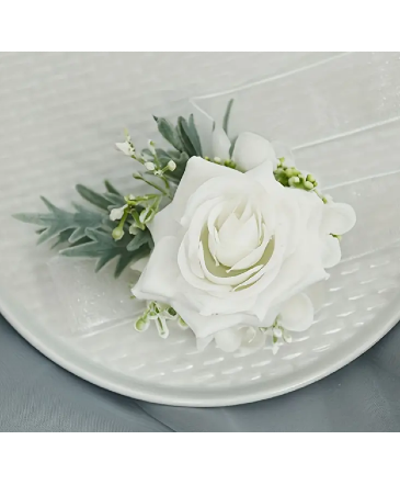 White Rose with White Accents Corsage Bracelet in Newmarket, ON | FLOWERS 'N THINGS FLOWER & GIFT SHOP