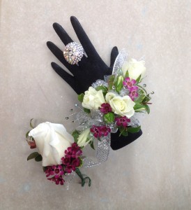 White and Purple Shimmer wrist corsage