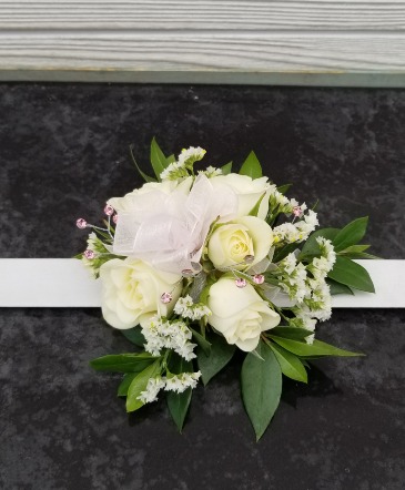 White rose wristlet corsage Corsage wristlet in Evanston, IL | West End Florist & Garden Center