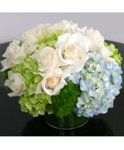 White Roses and Blue Hydrangeas Vase Arrangement