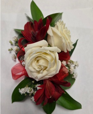 White roses and Reds Wrist Corsage 