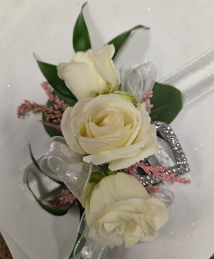 White roses and silver heart Wrist corsage
