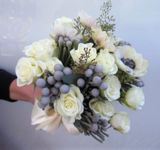 WHITE ROSES, ANEMONES, SILVER BRUNI WEDDING BOUQUET