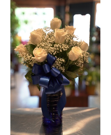 White Roses & Baby's Breath Deep Blue Vase & Ribbon in South Milwaukee, WI | PARKWAY FLORAL INC.