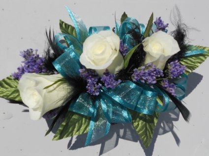 White Roses, Black Feathers & Teal Ribbon 