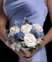 White Roses Blue Delphinium Noseay Bouquet