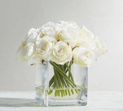 White Roses in Square Vase 