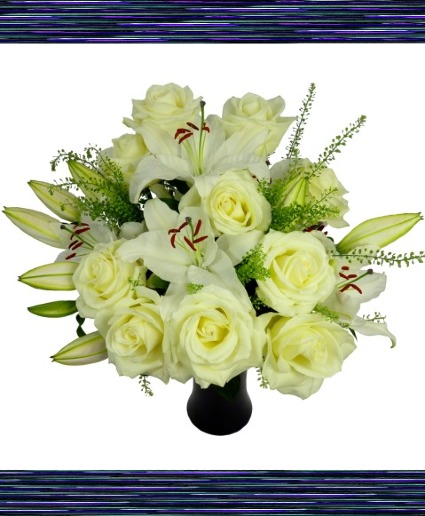 ROSES & LILIES Available in White, Pink, Red, Yellow & Lavender combo. 