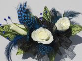 White Roses with Black Ribbon & Blue Feathers  