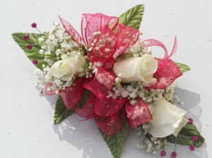 White Roses with Hot Pink Ribbon and Rhinestones  