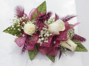 White Roses with Hot Pink Ribbon & Feathers  