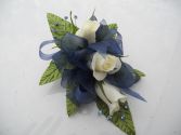White Roses with Navy Ribbon and Light Blue  