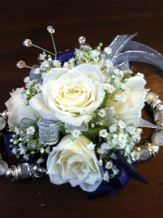 White Roses with Navy Ribbons Wrist Corsage
