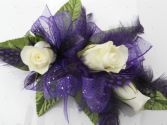 White Roses with Purple Ribbon & Feathers  
