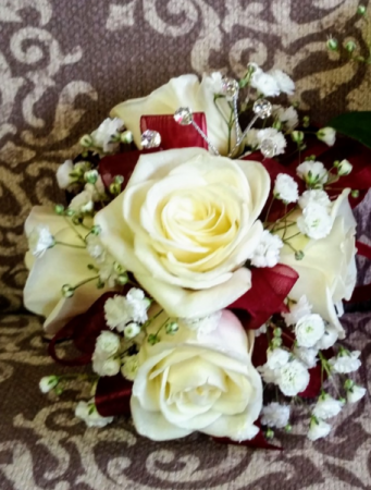 White Roses with Red Ribbons Wrist Corsage