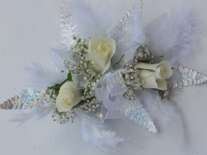 White Roses With Sheer Ribbon & Disco Leaves