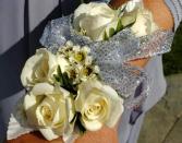 WHITE ROSES WITH SILVER FLASH RIBBON 