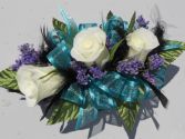 White Roses with Teal Ribbon/Black Feathers  