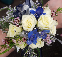 White Roses with touch of Blue Wrist Corsage