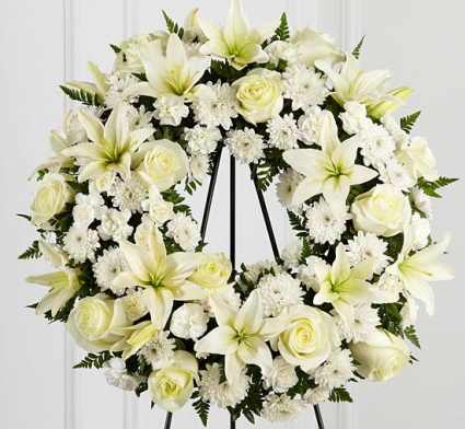White Round Wreath Standing Sympathy Arrangement
